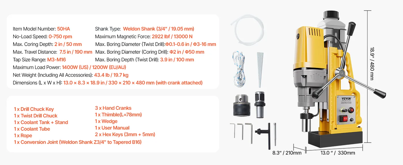VEVOR Magnetic Drill 1pcs Twist Drill and Core Drill 50mm feature 1