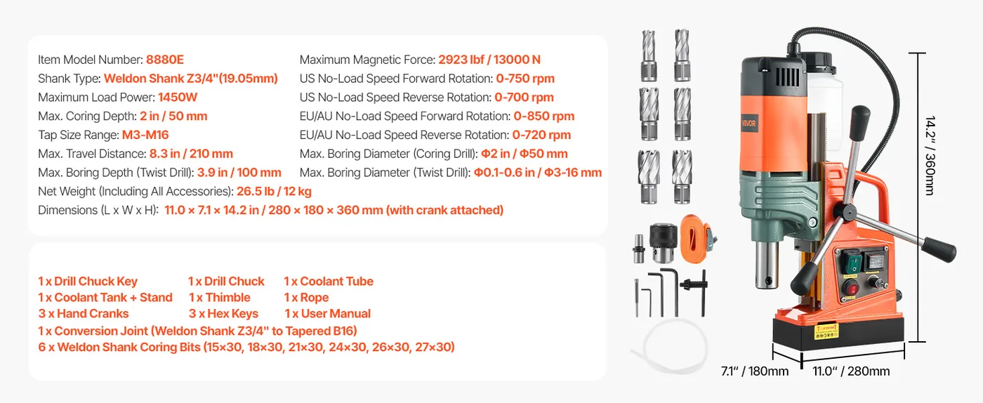 VEVOR Magnetic Drill 6pcs Twist Drill and Core Drill 50mm feature 1