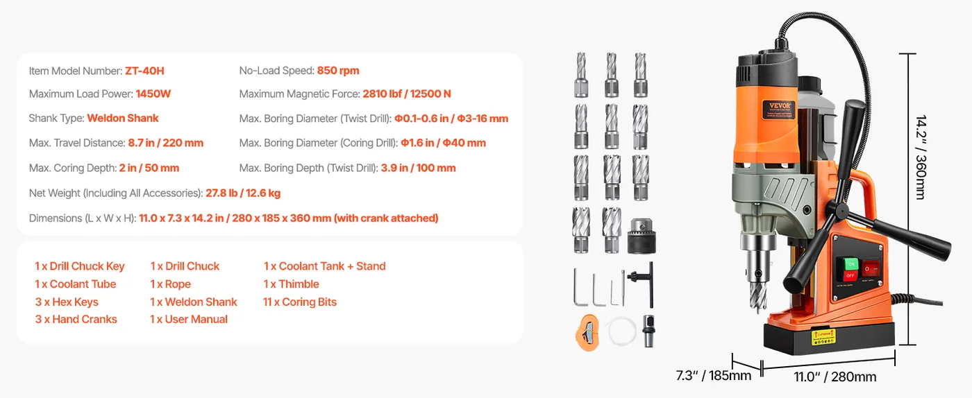 VEVOR Magnetic Drill 11pcs Twist Drill and Core Drill 40mm feature 1