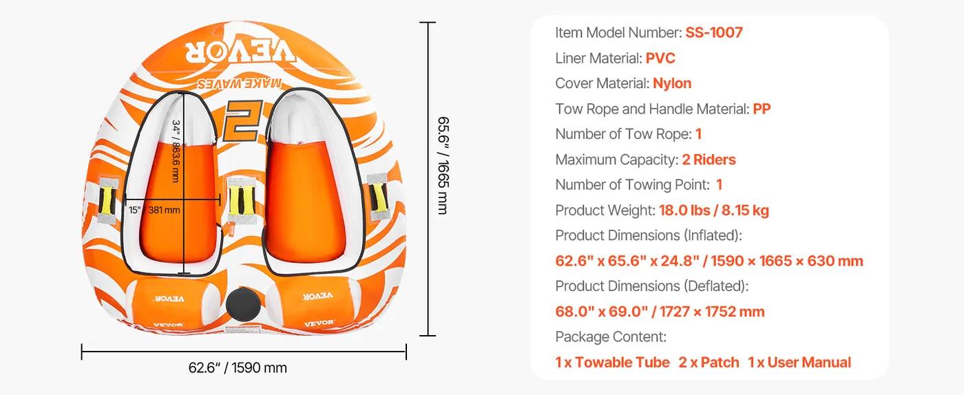 VEVOR Towable Tubes for Boating 2 Person 2 people Motorboat feature 1