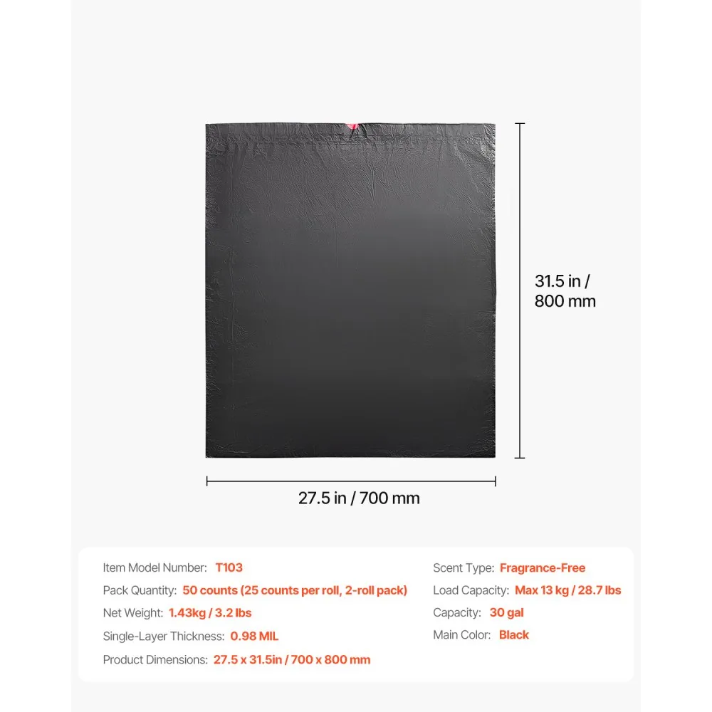 VEVOR 30 Gallon Drawstring Trash Bags 50 Count Thick package contents