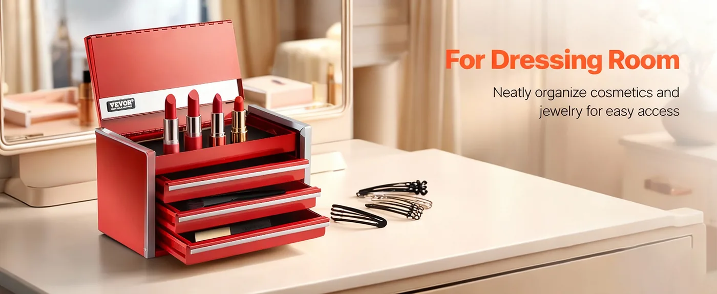 VEVOR Metal Tool Box Three Red Cosmetics & Jewelry