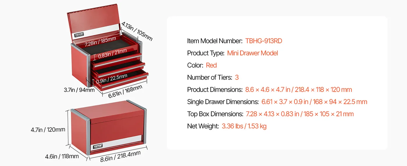 VEVOR Metal Tool Box Three Red feature 1