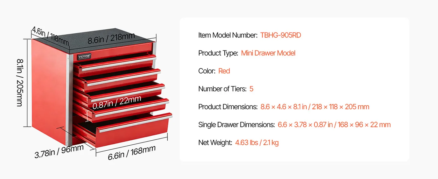 VEVOR Metal Tool Box Five Red feature 1