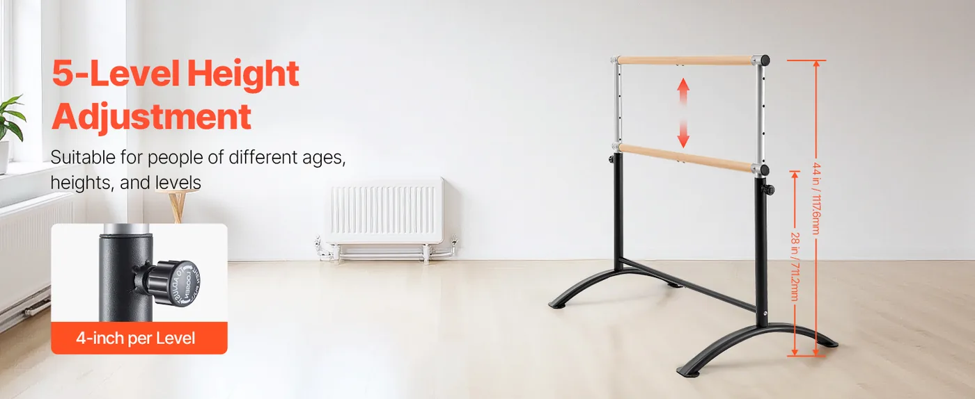 VEVOR 4 Ft Freestanding Ballet Barre Wood Grain Studio stable frame detail 2