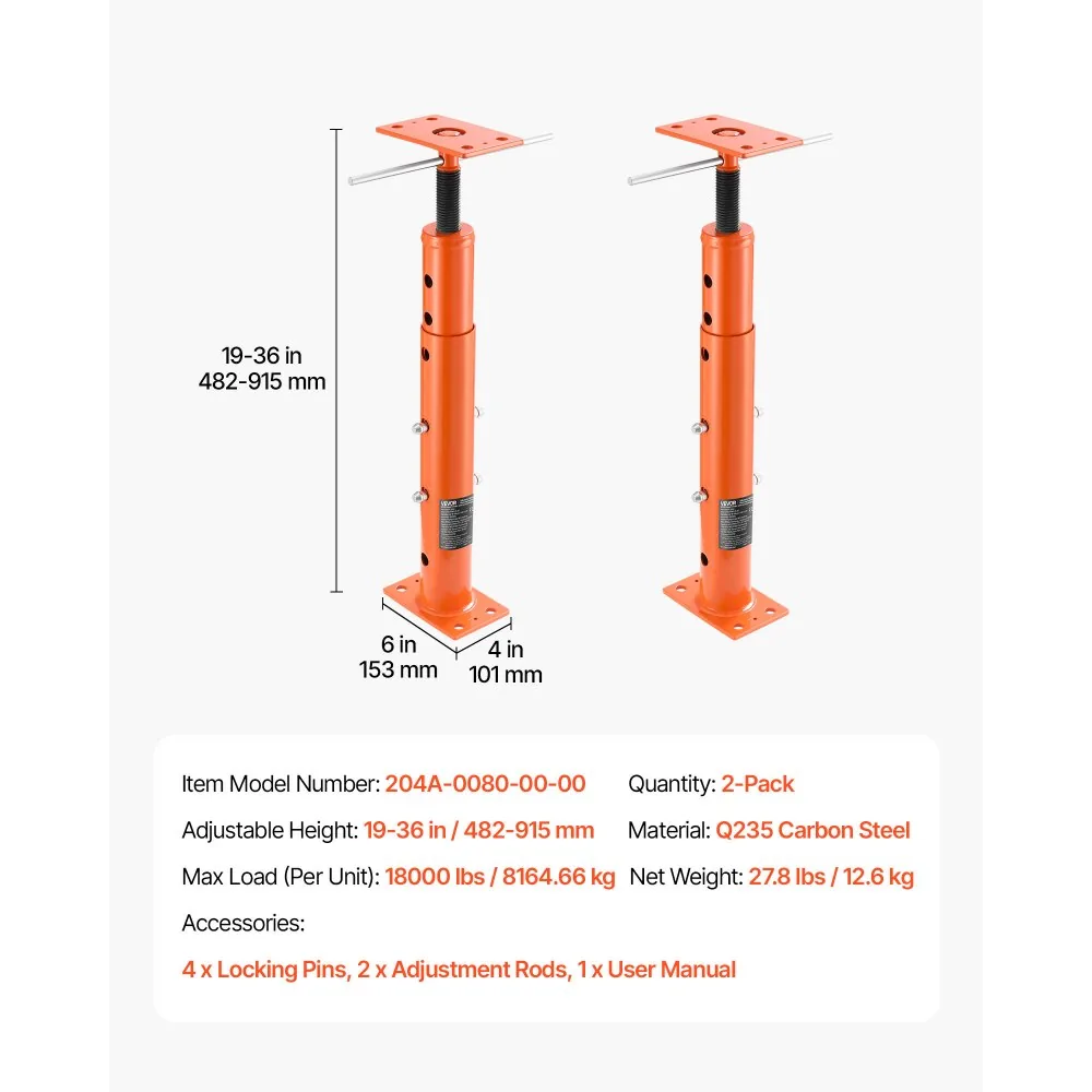 VEVOR House Floor Jacks 2 Pack 19-36 in 18000 lbs package contents