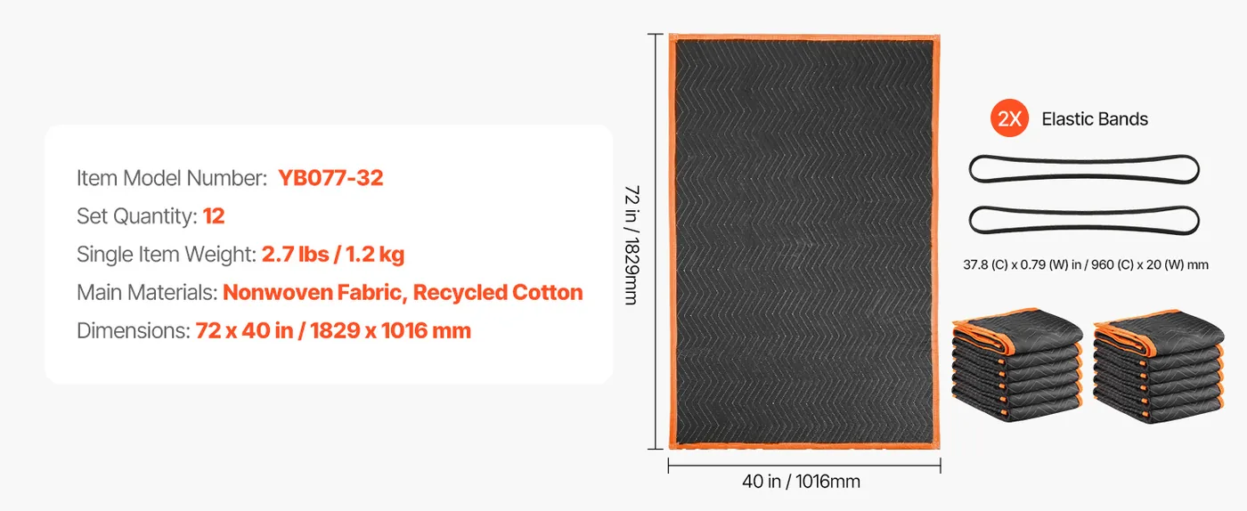 VEVOR Moving Blankets 12 Pcs 72x40 inch 12pcs 32lbs/dz feature 1