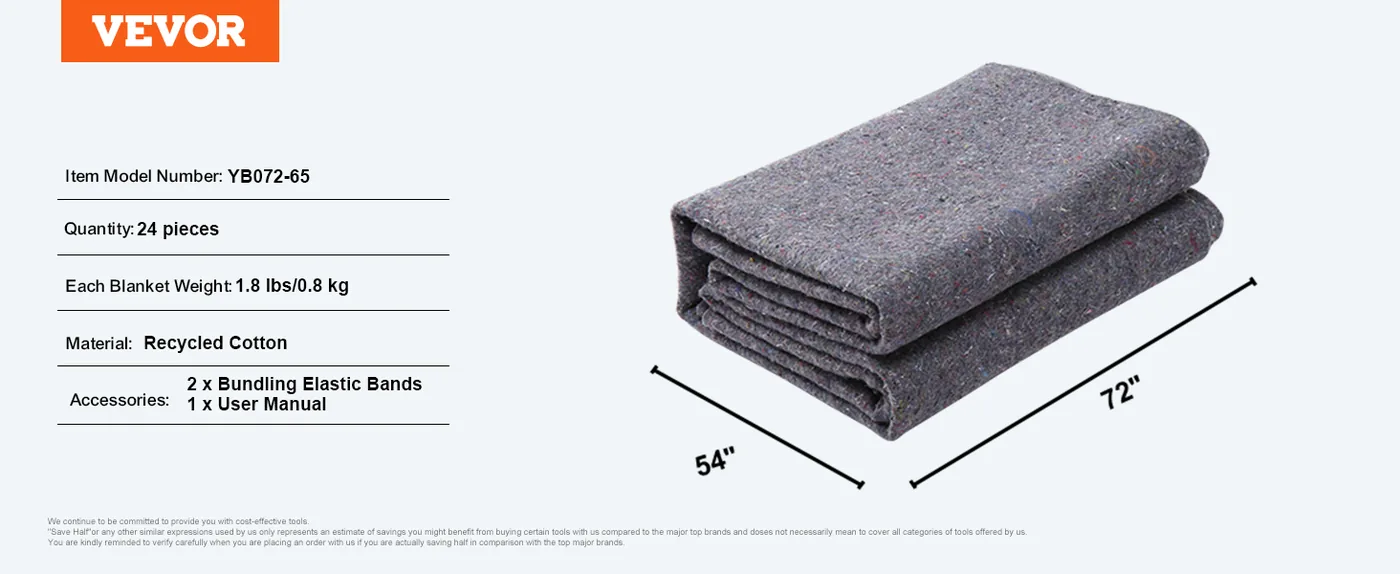 VEVOR Moving Blankets 72x54 inch 24pcs 21lbs/dz feature 5