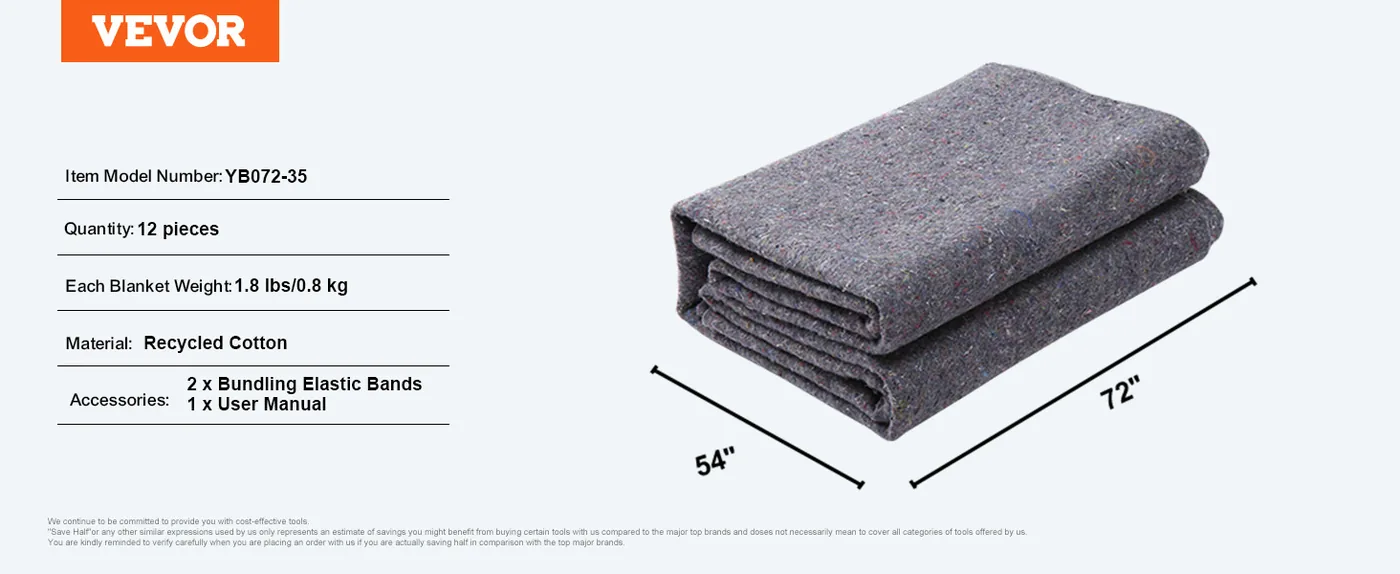 VEVOR Moving Blankets 72x54 inch 12pcs 21lbs/dz feature 5
