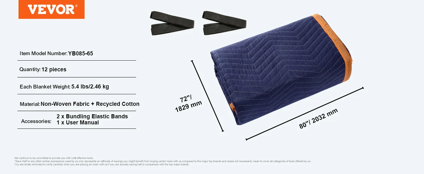 VEVOR Moving Blankets 80x72 inch 12pcs 65lbs/dz feature 5