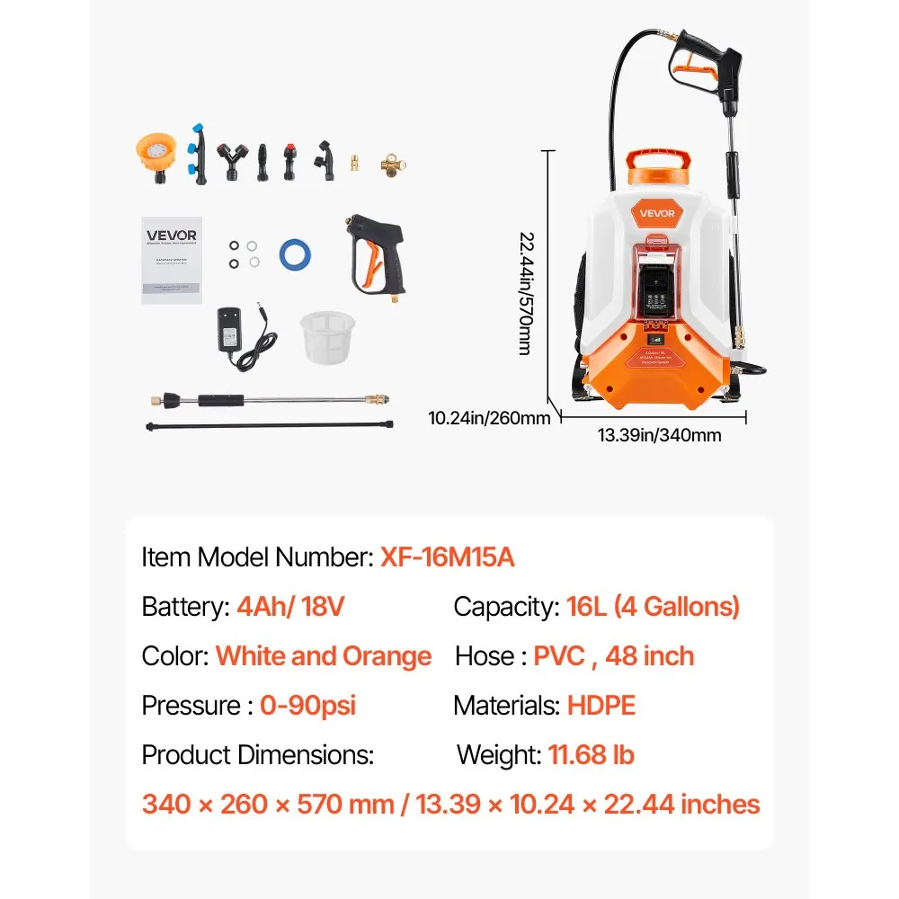 VEVOR 4 Gallon Battery Backpack Sprayer 0-90 PSI package contents