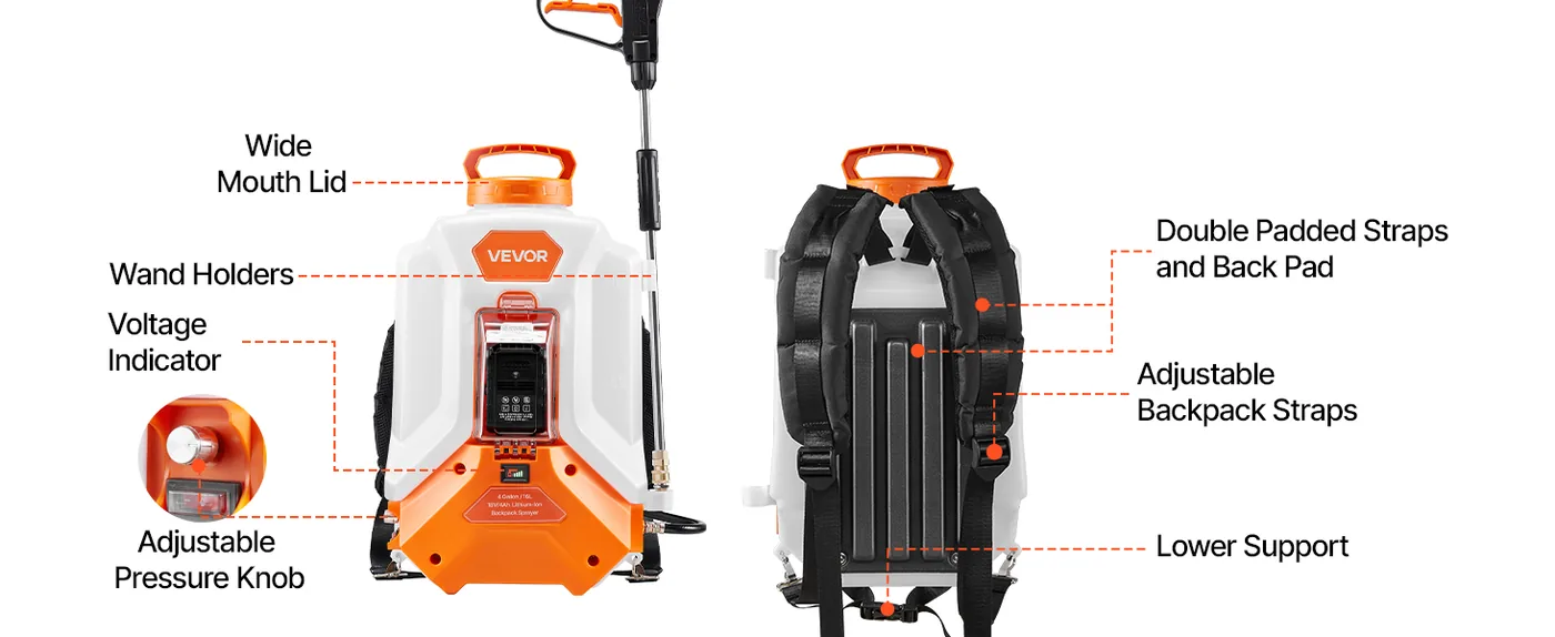 VEVOR 4 Gallon Battery Backpack Sprayer 0-90 PSI Wide-mouth Design