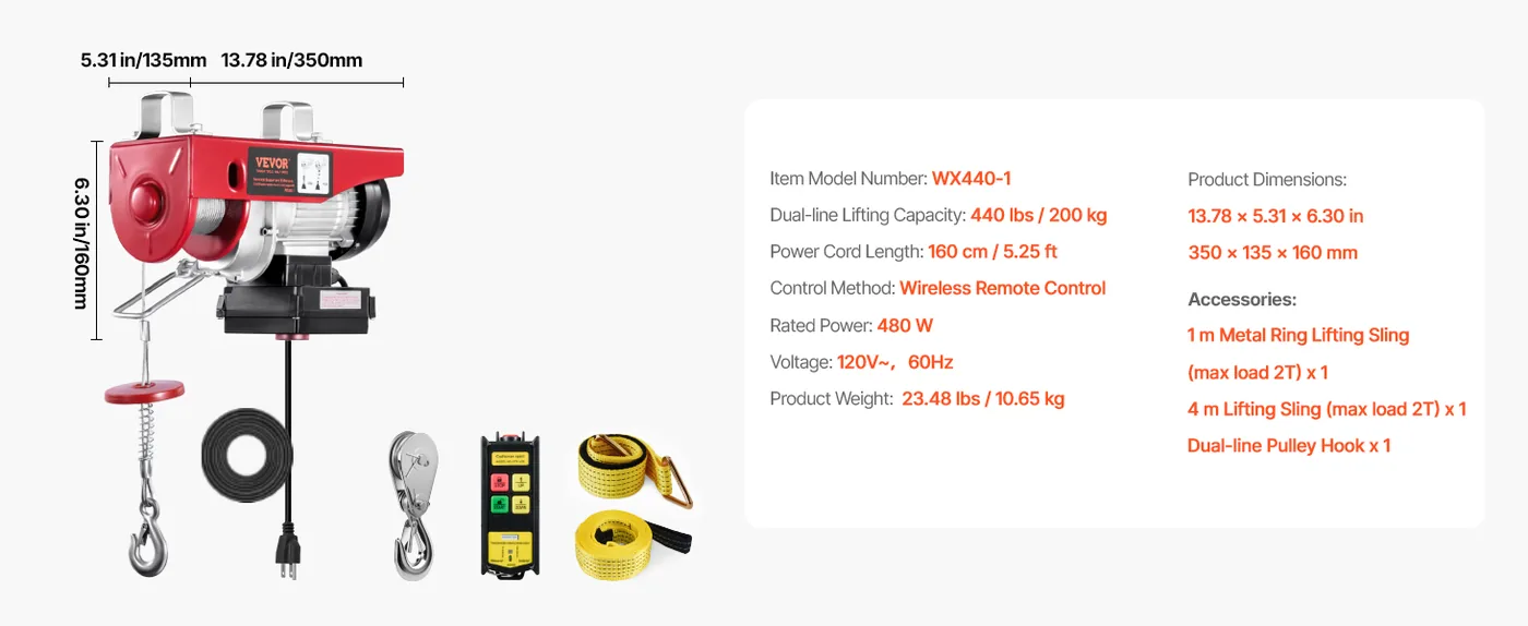 VEVOR Wireless Electric Hoist 440 lbs 5.2 ft feature 5