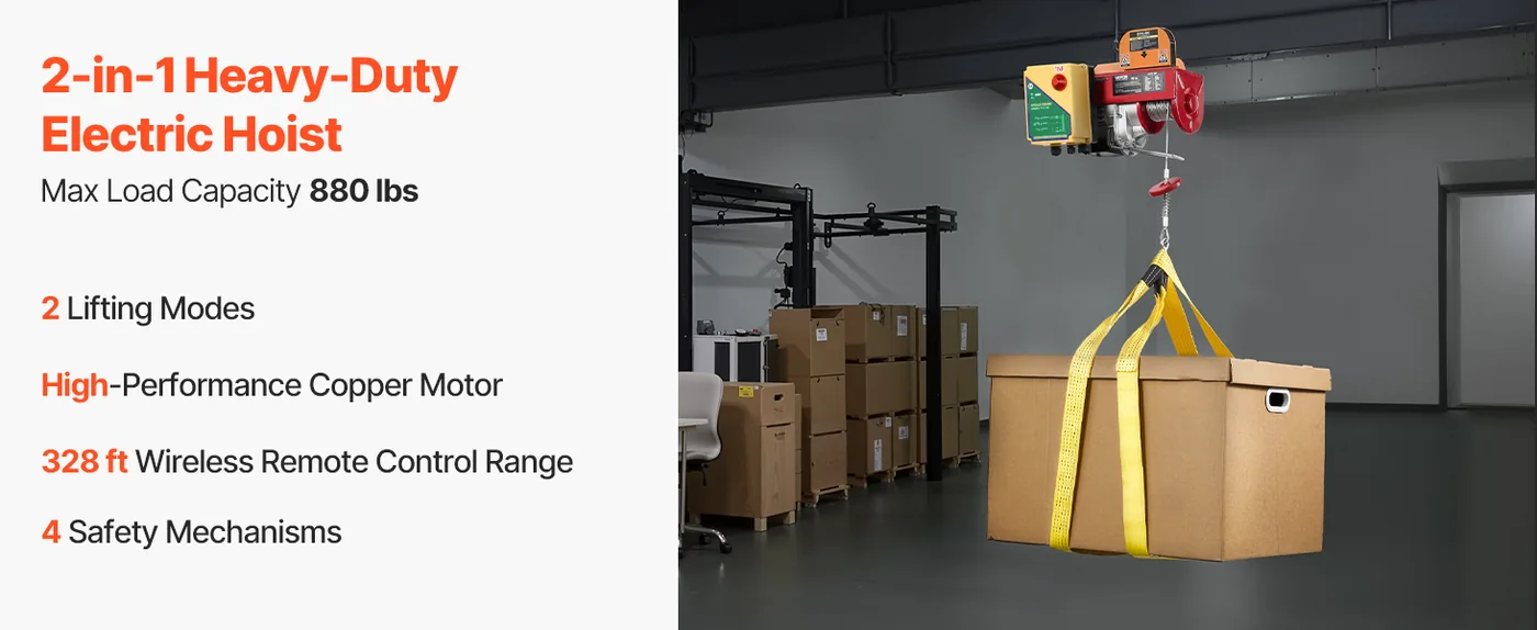 VEVOR Electric Hoist 880 lbs Wireless 5.2 ft overview