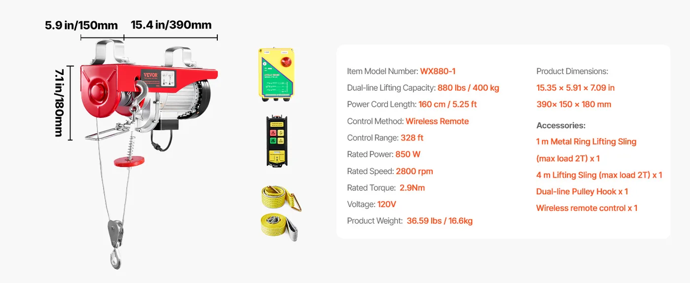 VEVOR Electric Hoist 880 lbs Wireless 5.2 ft feature 1