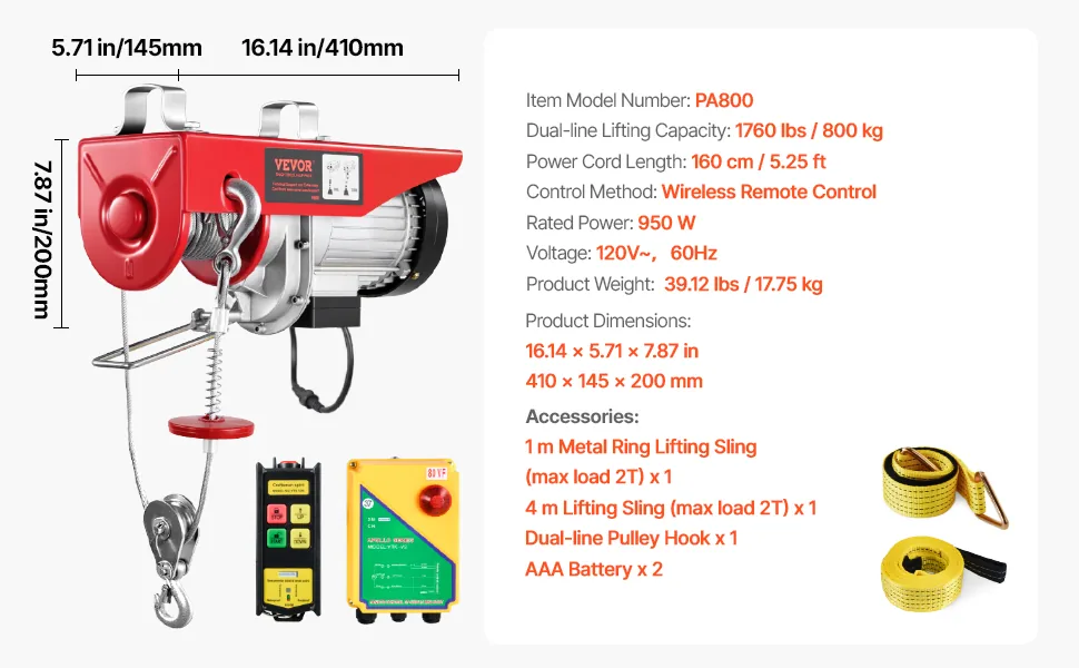 VEVOR Electric Hoist 1760 lbs Wireless 5.2 ft feature 5