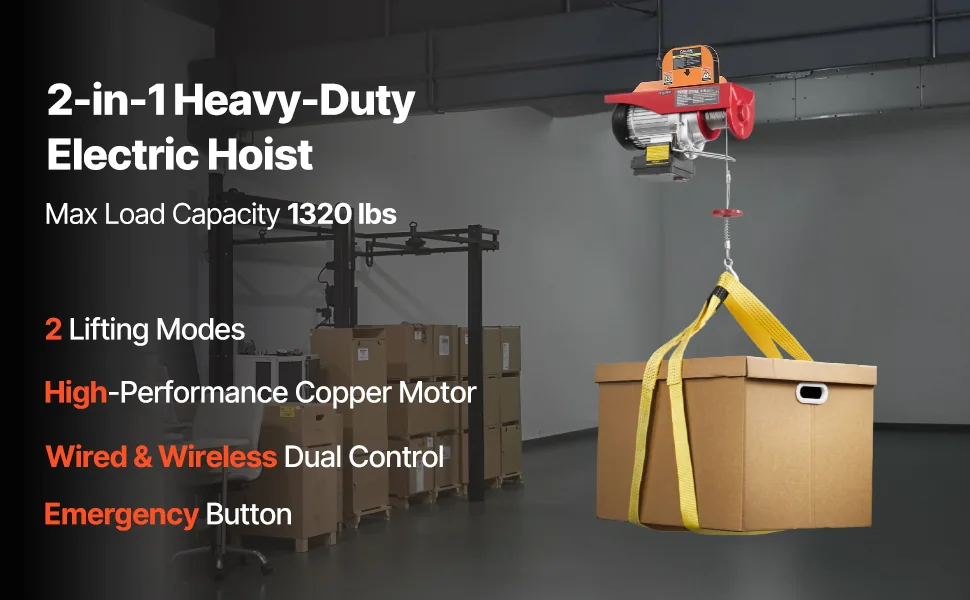 VEVOR Electric Hoist 1320 lbs Wired/Wireless 5.2 ft overview