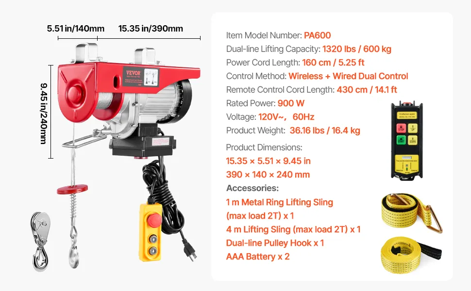 VEVOR Electric Hoist 1320 lbs Wired/Wireless 5.2 ft feature 5