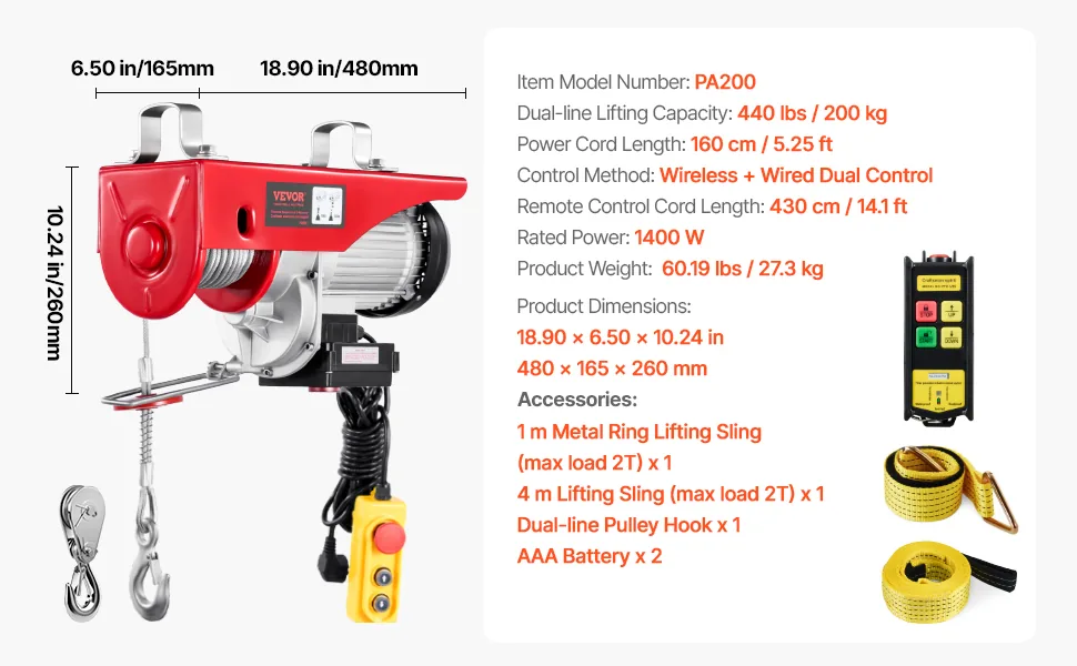 VEVOR Electric Hoist 2200 lbs Wired/Wireless 5.2 ft feature 5