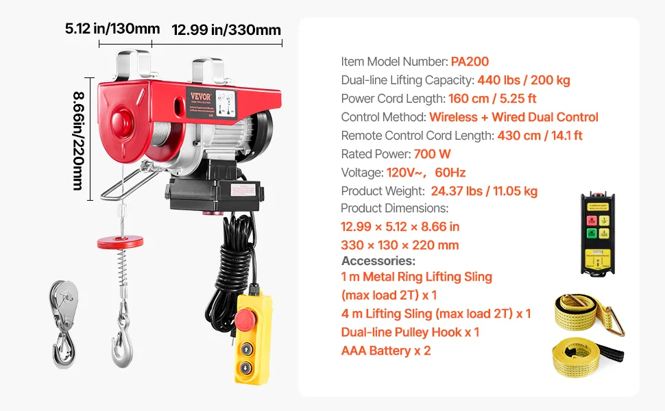 VEVOR Electric Hoist 440 lbs Wired/Wireless 5.2 ft feature 5