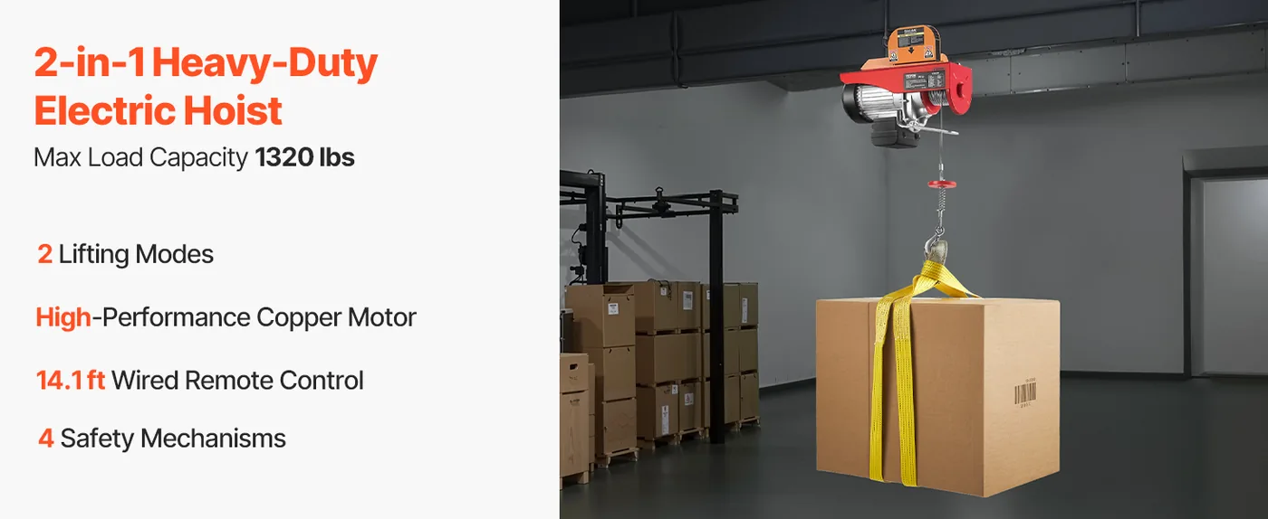 VEVOR Electric Hoist 1320 lbs Wired 5.2 ft overview