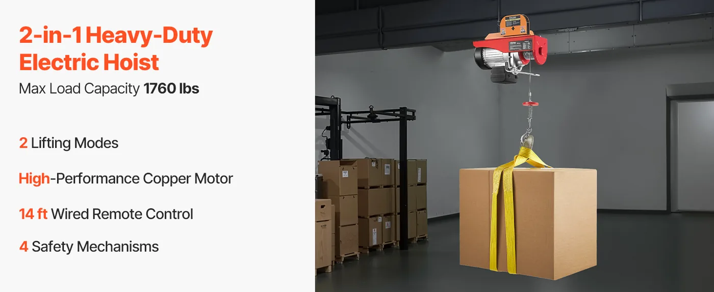 VEVOR Electric Hoist 1760lbs with 14ft Wired Remote Control overview