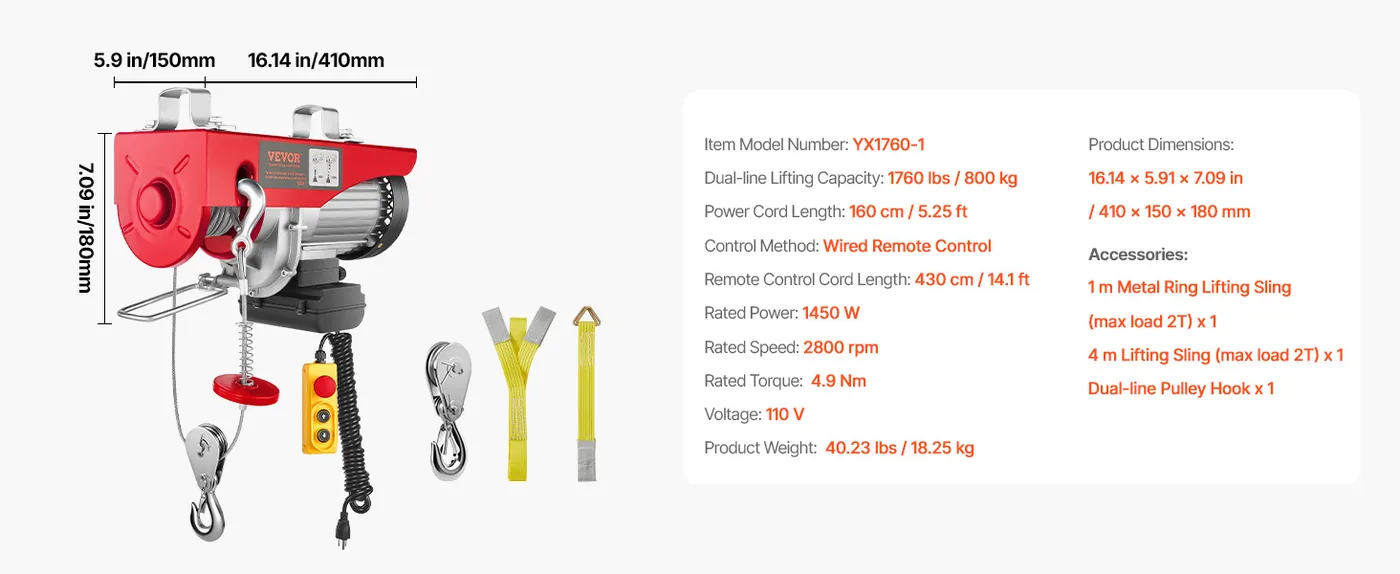 VEVOR Electric Hoist 1760lbs with 14ft Wired Remote Control feature 1