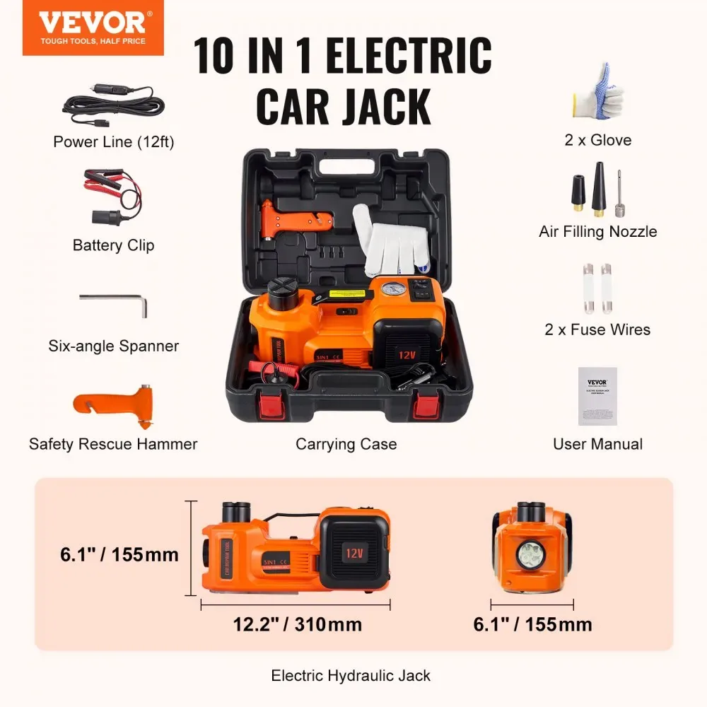 VEVOR 5 Ton Electric Car Jack with Tire Inflator package contents