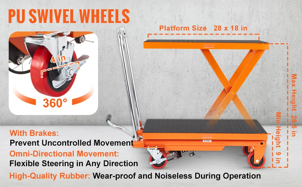 VEVOR Hydraulic Lift Table Cart Orange Single Scissor 500 lb overview