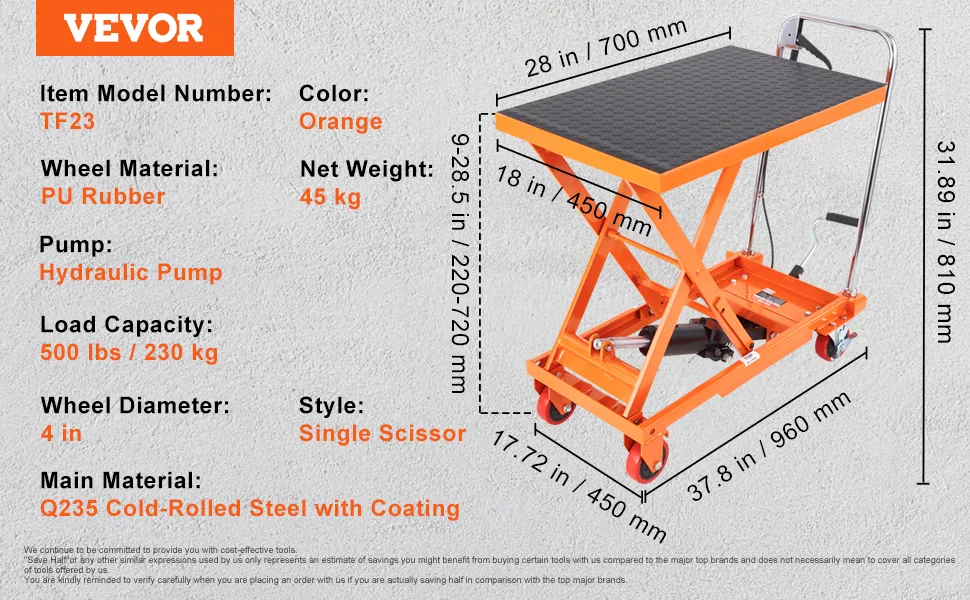 VEVOR Hydraulic Lift Table Cart Orange Single Scissor 500 lb feature 1