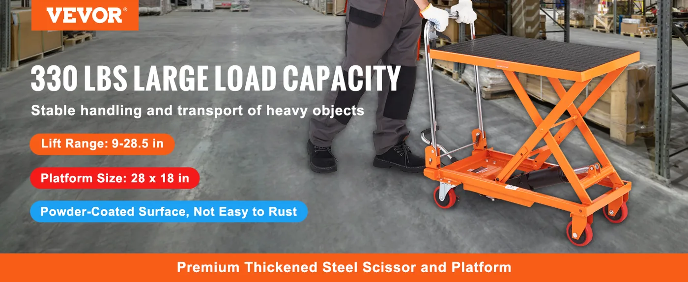 VEVOR Hydraulic Lift Table Cart Orange Single Scissor 330 lb overview