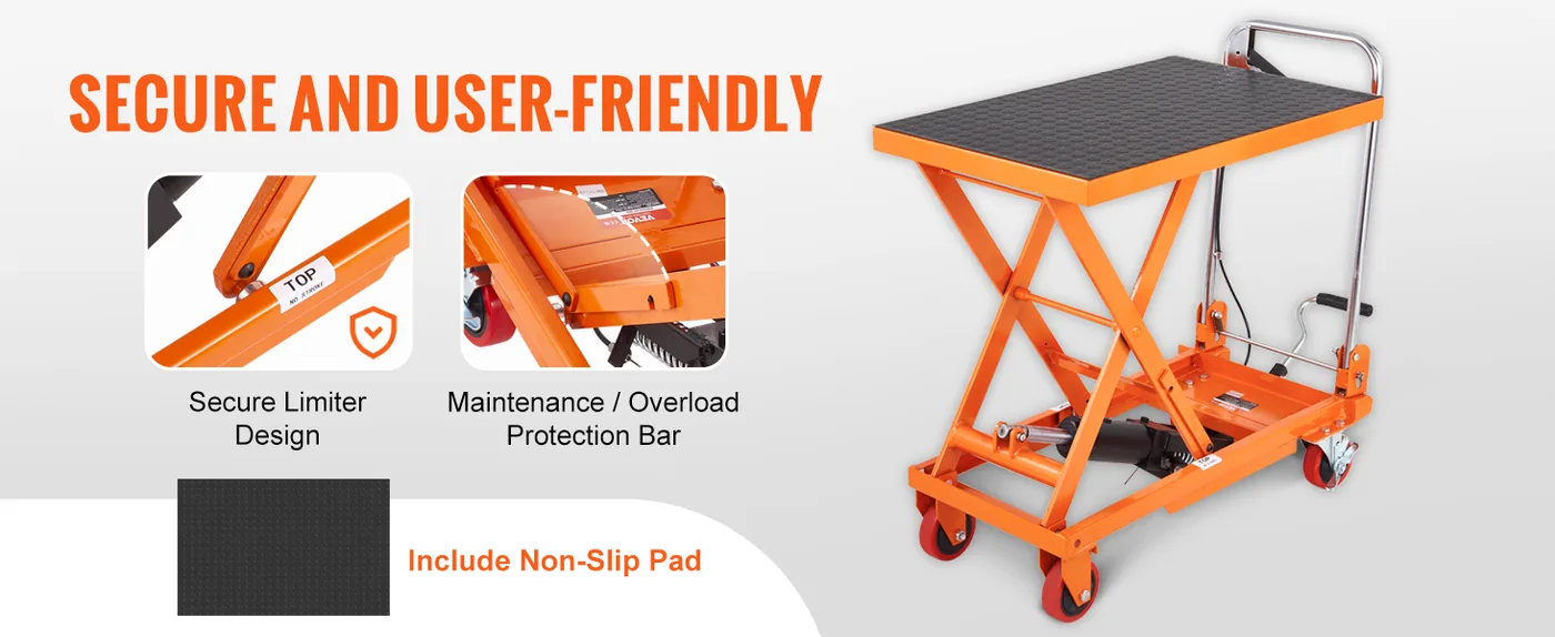 VEVOR Hydraulic Lift Table Cart Orange Single Scissor 330 lb feature 3