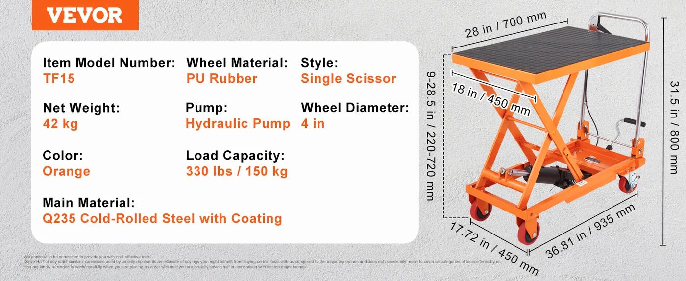 VEVOR Hydraulic Lift Table Cart Orange Single Scissor 330 lb feature 5