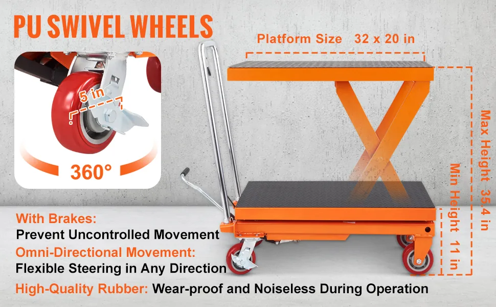 VEVOR Hydraulic Lift Table Cart Orange Single Scissor 1100 l overview