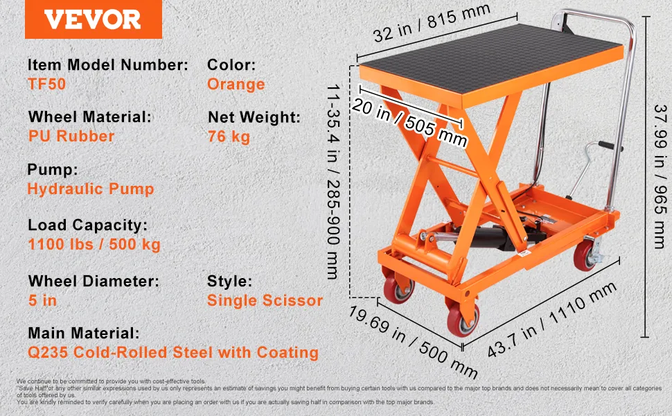 VEVOR Hydraulic Lift Table Cart Orange Single Scissor 1100 l feature 1