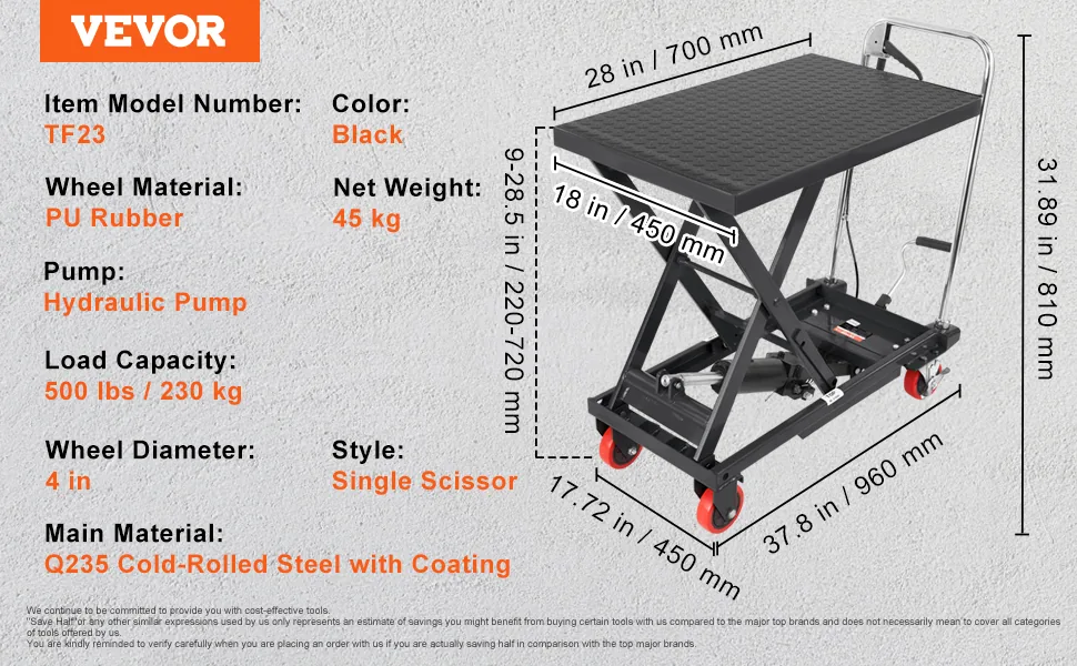 VEVOR Hydraulic Lift Table Cart Black Single Scissor 500 lbs feature 1