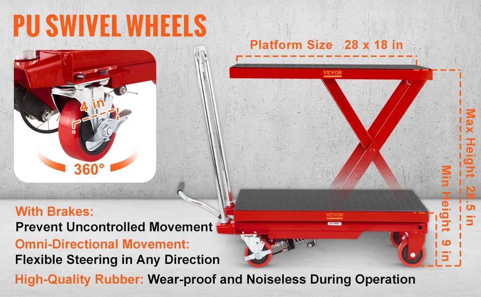 VEVOR Hydraulic Lift Table Cart Red Single Scissor 500 lbs overview