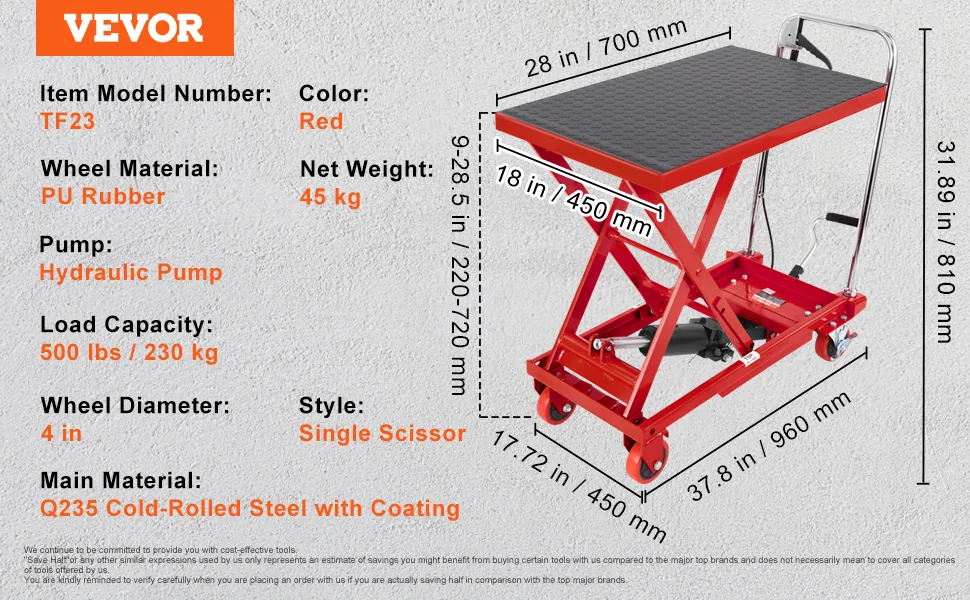 VEVOR Hydraulic Lift Table Cart Red Single Scissor 500 lbs feature 1