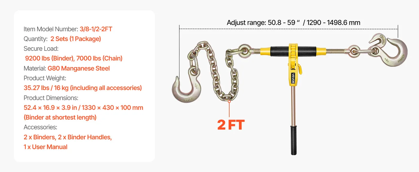 VEVOR Ratchet Chain Binder 7100 lbs 2 Sets 3/8-1/2 inch feature 1