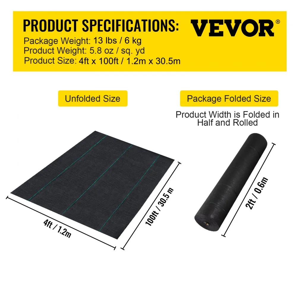 VEVOR 5.8 oz Weed Barrier 4 x 100 ft Landscape Fabric package contents