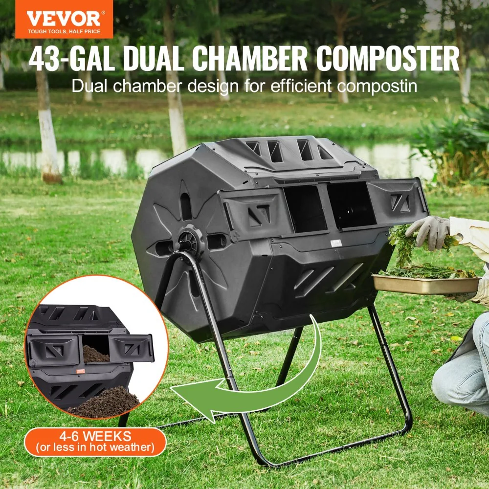 VEVOR compost tumbler rotating in backyard garden