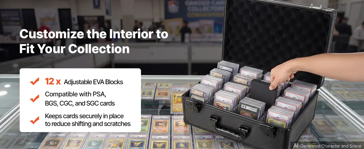 VEVOR 4 Row 152 PSA Graded Card Case TSA Lock Adjustable Dividers