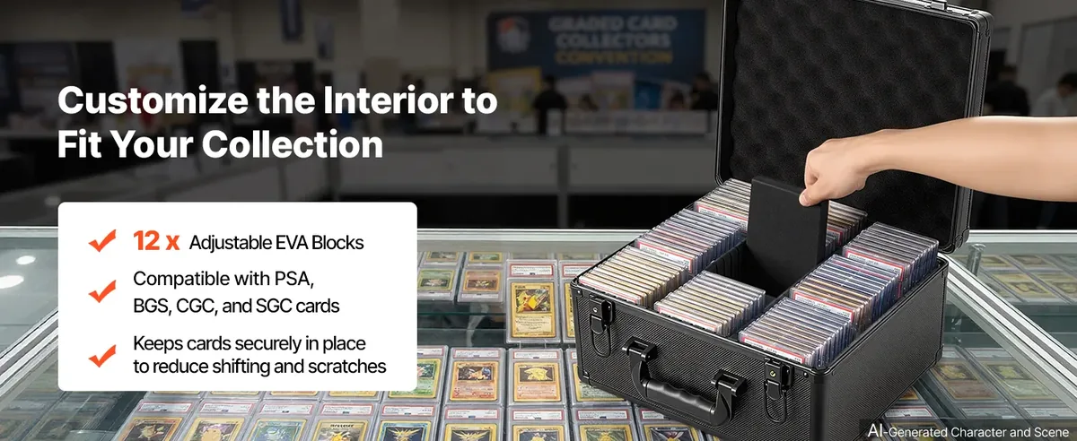 VEVOR 3 Row 180 PSA Graded Card Case with Key Adjustable Dividers