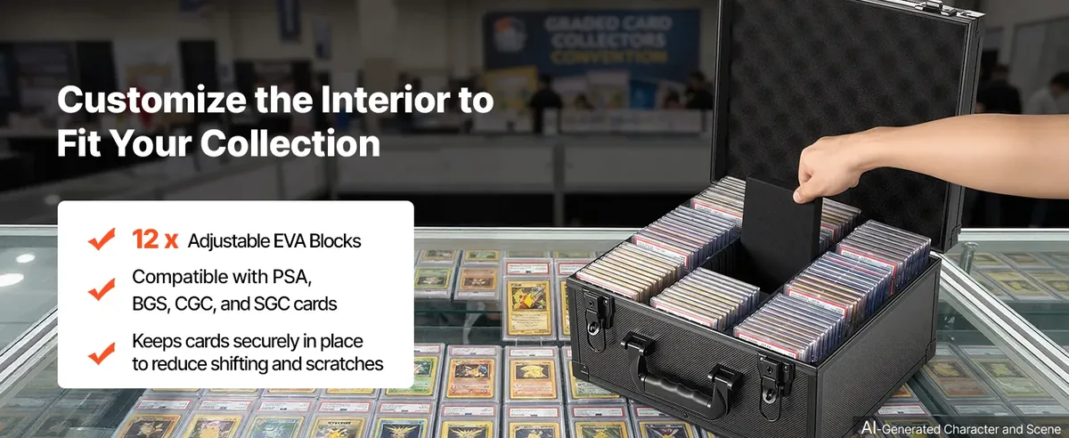 VEVOR 3 Row 180 PSA Graded Card Storage Box with Lock Adjustable Dividers