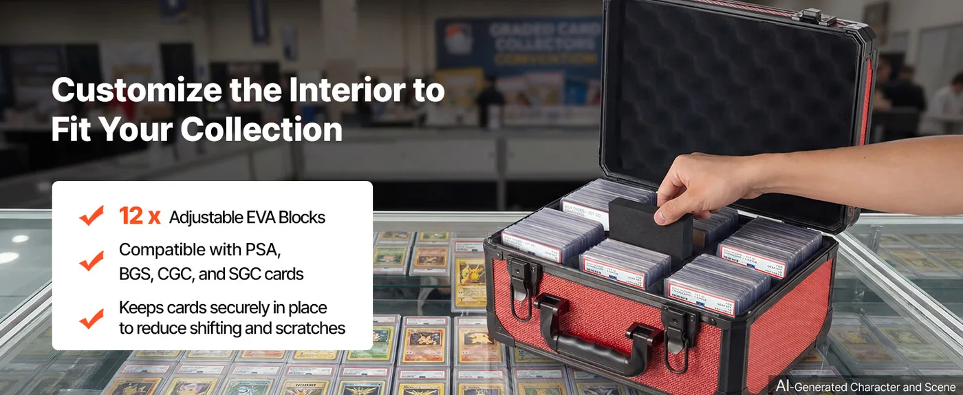 VEVOR 3 Row Graded Card Case 96 PSA Slabs Lockable Red Adjustable Dividers