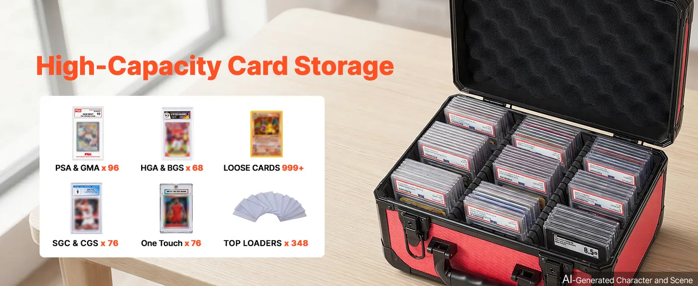 VEVOR 3 Row Graded Card Case 96 PSA Slabs Lockable Red Large Capacity