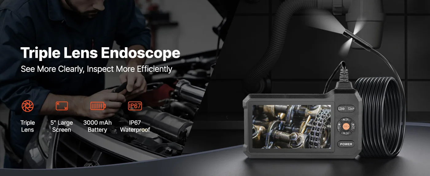 VEVOR Triple Lens Endoscope with Light 5 inch overview