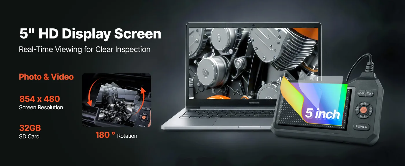 VEVOR Triple Lens Endoscope with Light 5 inch 5-Inch IPS Screen