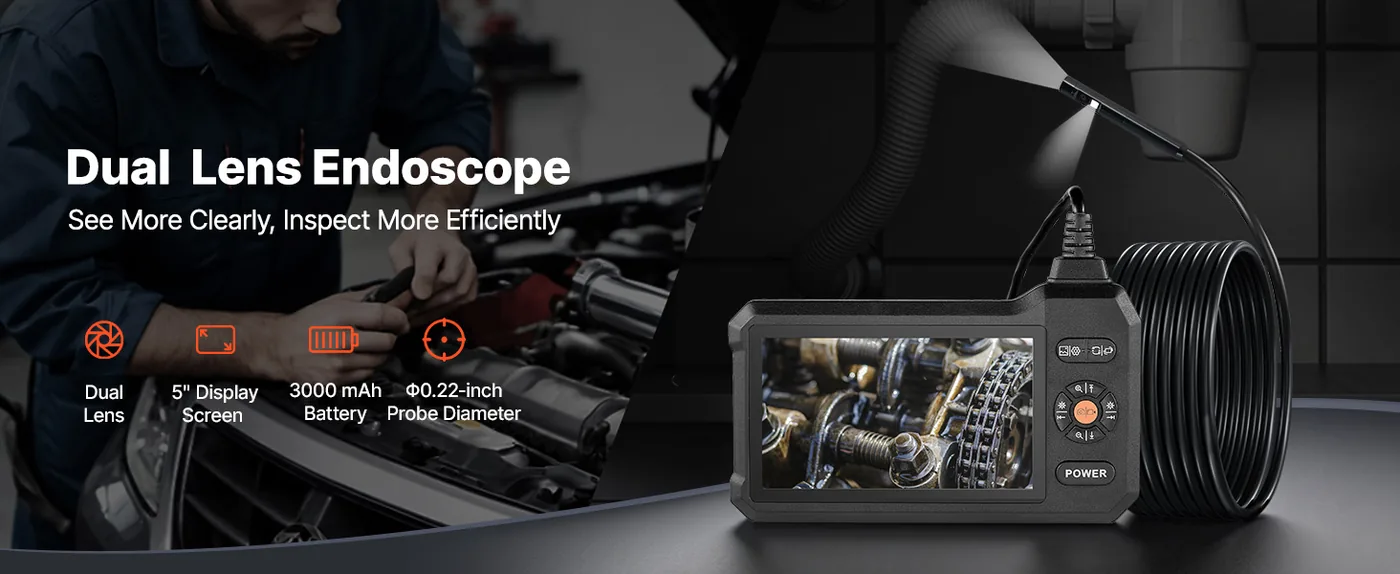 VEVOR Dual Lens Endoscope with Light 5 inch overview