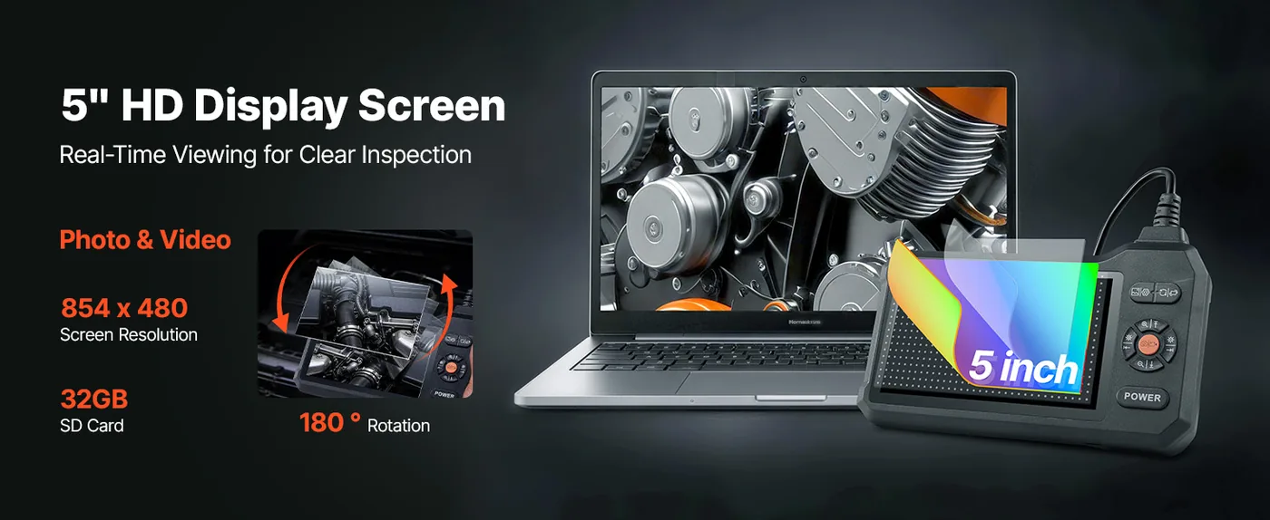 VEVOR Dual Lens Endoscope with Light 5 inch 5-Inch IPS Screen